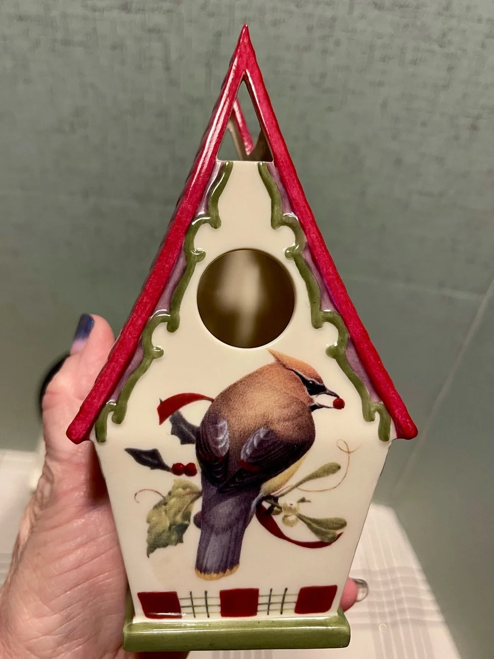 VINTAGE Lenox Winter Greetings Ceramic Votive Holder CEDAR WAX WING BIRD EUC